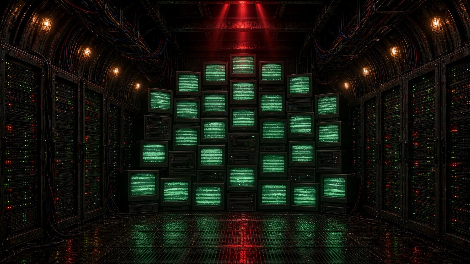 An underground server room with a towering wall of stacked old TV sets glowing green with static.