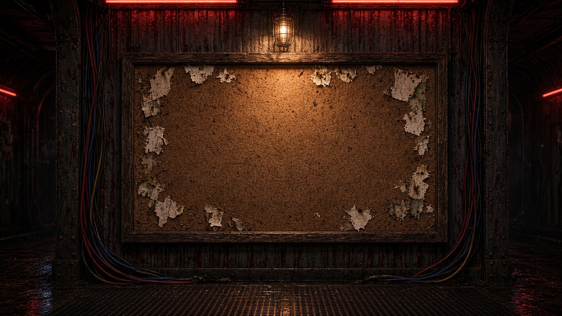 An old corkboard on the wall of the underground corridor, lit by a caged lamp, with torn scraps of old flyers around its edges.