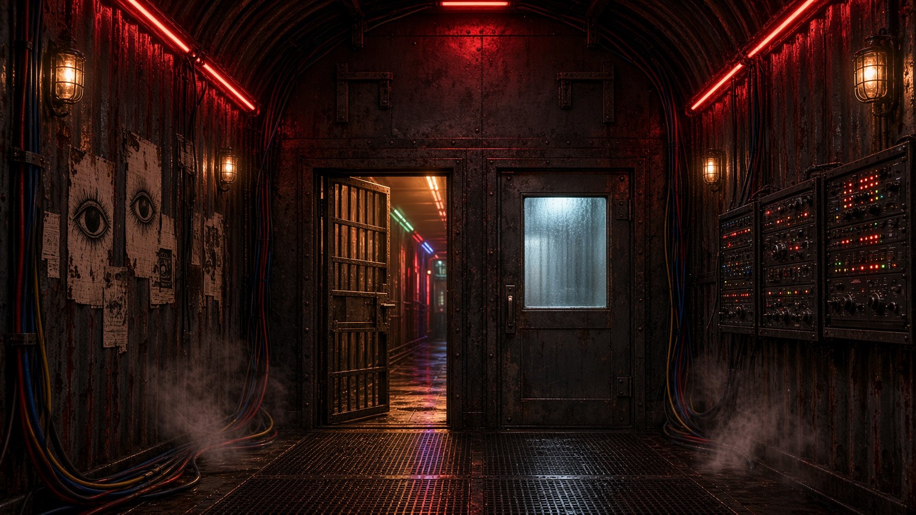 A red-lit corridor behind the vault: eye posters on the left, audio racks on the right, and two doors at the end — an open barred gate glowing amber and a closed door with a frosted window.