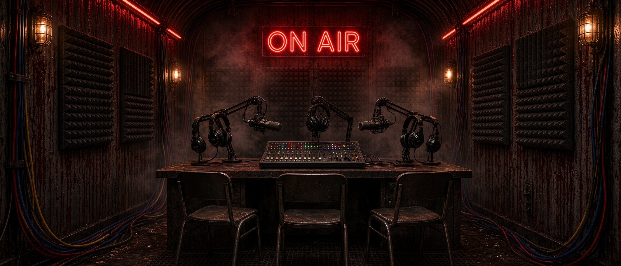 The underground recording booth: three microphones and three chairs at a worn metal desk under a red ON AIR sign.