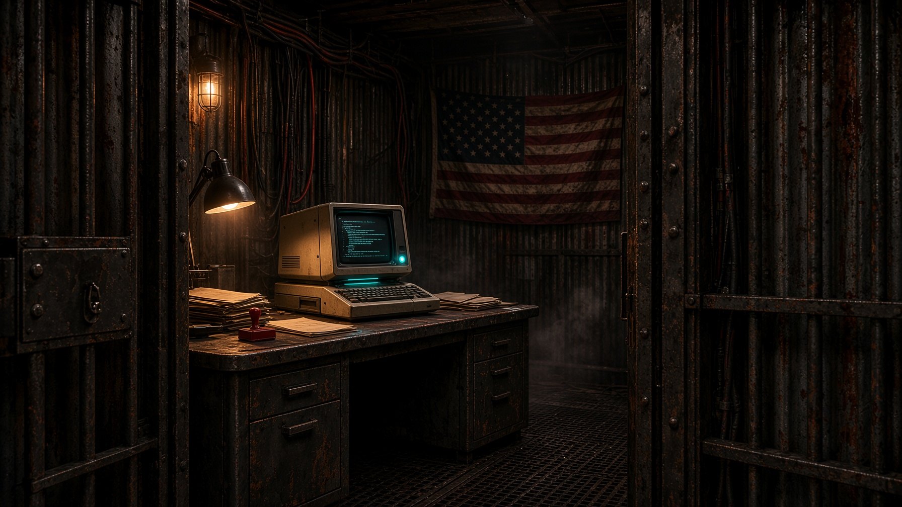 An underground office behind an open barred gate: a worn metal desk with papers, a red stamp and a retro computer, lit by a desk lamp, with a weathered American flag on the wall.